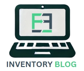 Minimalist design featuring a laptop icon displaying the FF Inventory logo on the screen, with 'FF Inventory Blog' text in navy blue (#01014E) and green below.